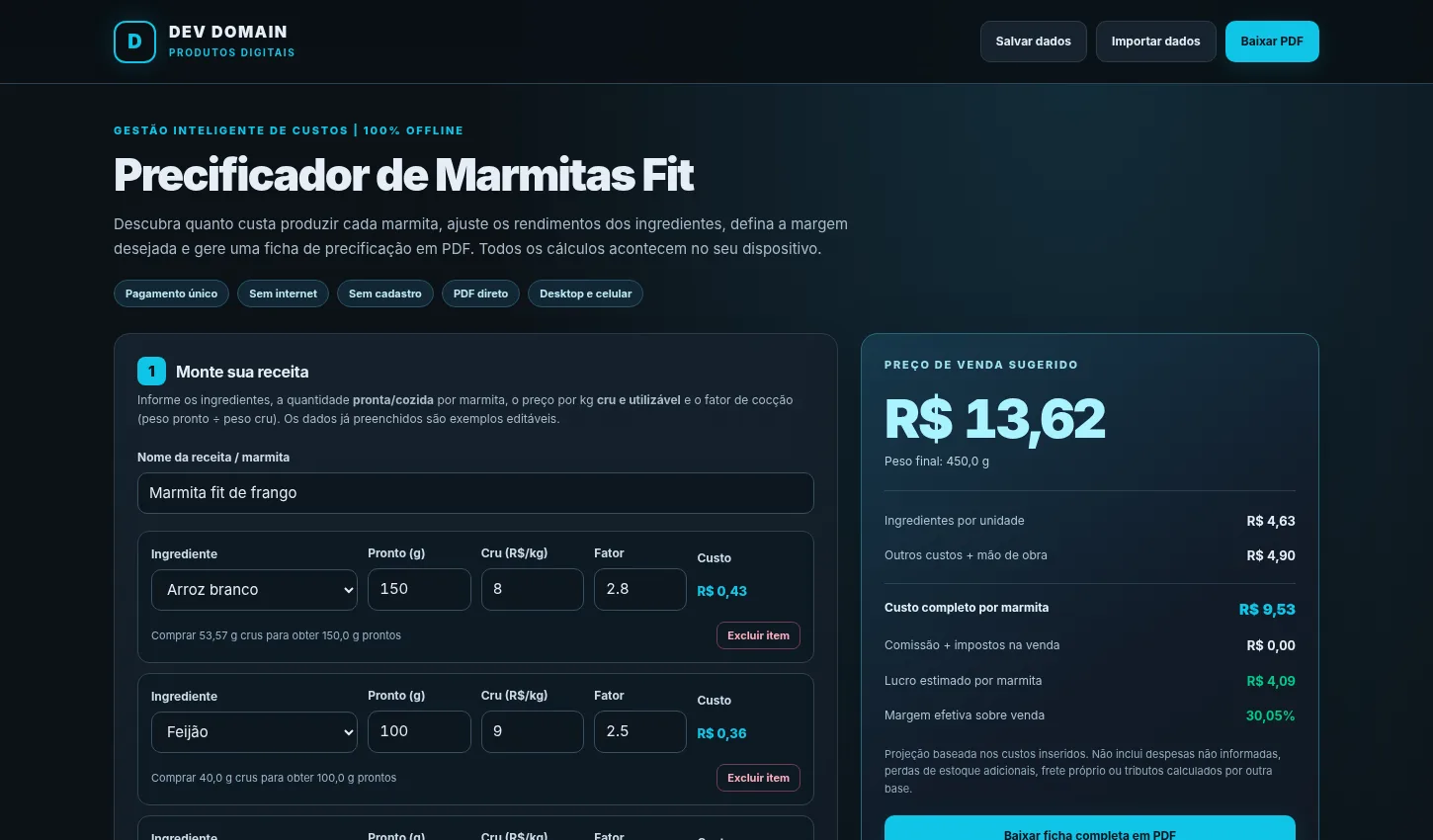 Captura real da interface de Precificador de Marmitas Fit