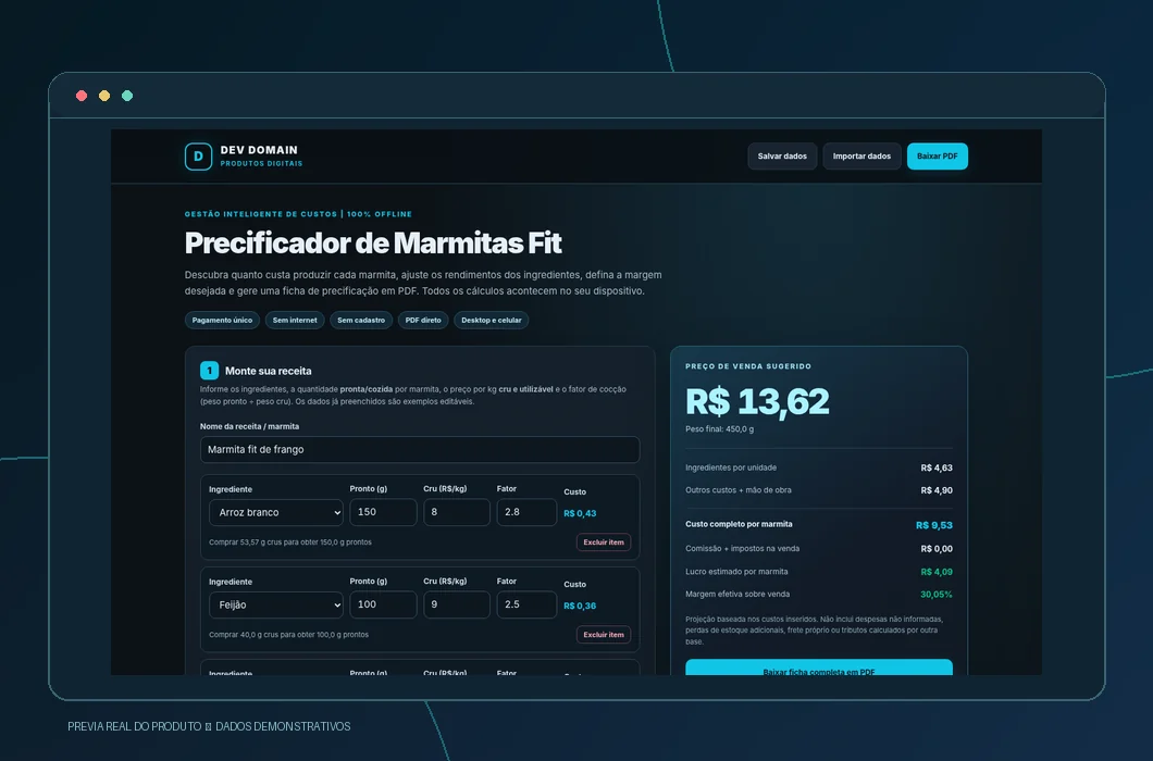Captura real da interface: Precificador de Marmitas Fit